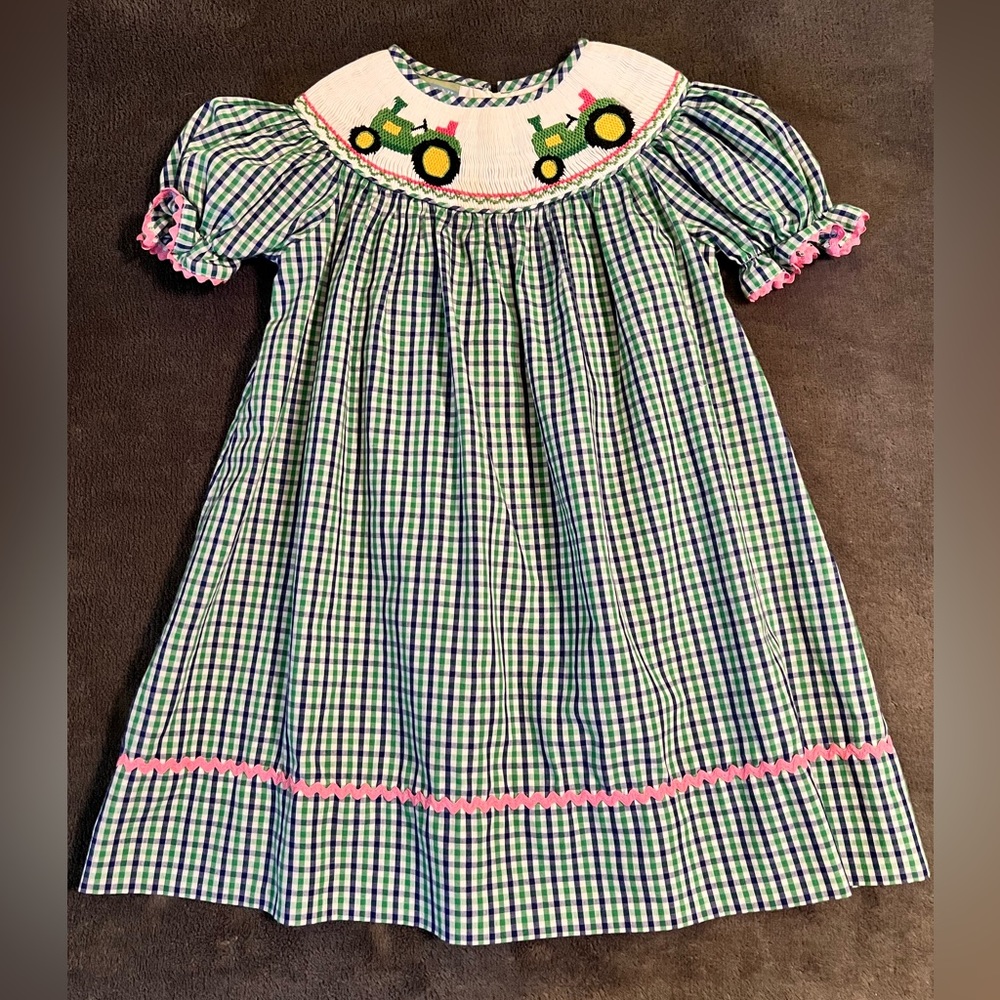 Baby girl smocked gingham dress. Green tractor. Size 18 mo. EUC